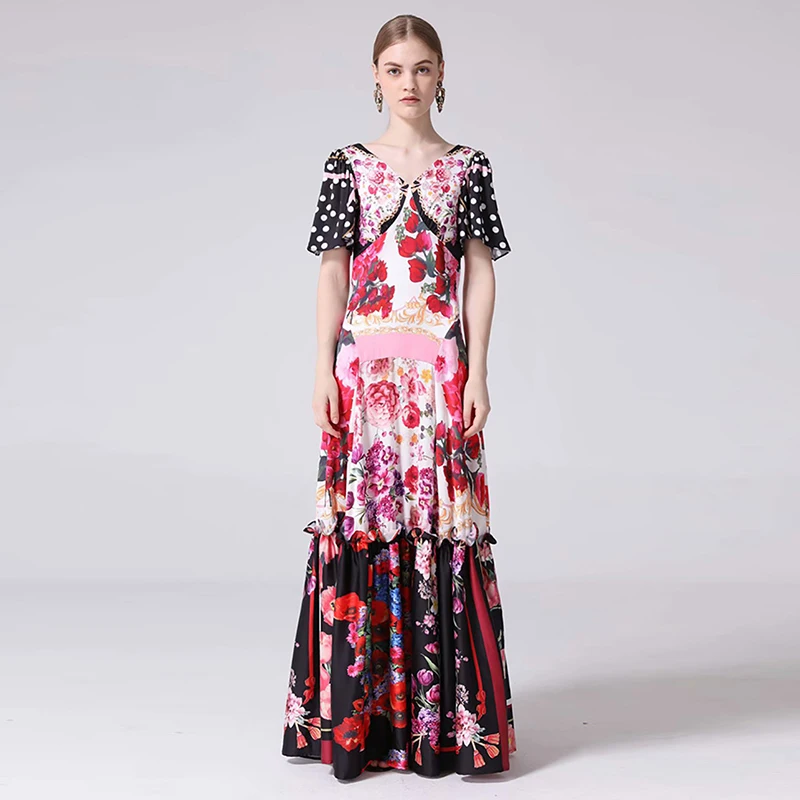 

HIGH QUALITY New Fashion 2019 Runway Maxi Dress Women's Short Sleeve V-neck Gorgeous Floral Print Long Dress