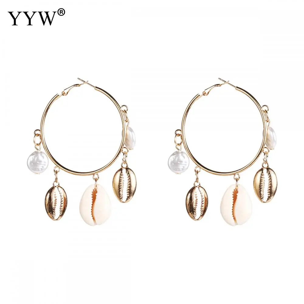 

Vintage Gold Alloy Natural Shell Drop Earrings For Women Jewelry Boucle D'Oreille Femme Round Circle Earrings Summer Handmade