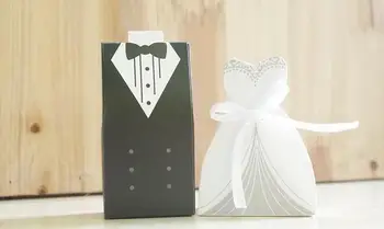 

Hot Sale 100 Pcs/set Wedding Gifts Case Bride&Groom Tuxedo Dress Gown Ribbon Wedding Favor Candy Box Wedding Party Decor