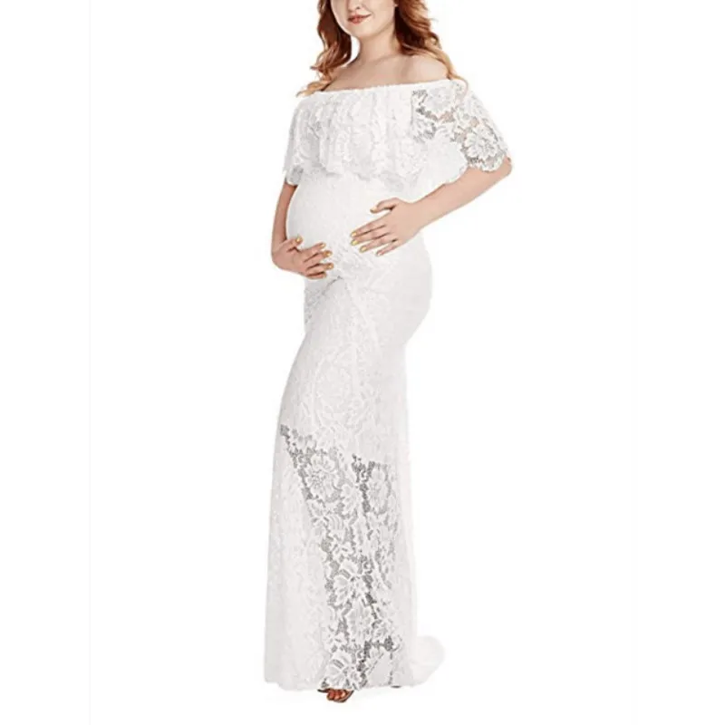 Elegant Women Ladies Lace Maternity Off Shoulder Long Maxi Dress Photography Wedding Props Gown Pregnant Photo Shoot Clothing - Color: White