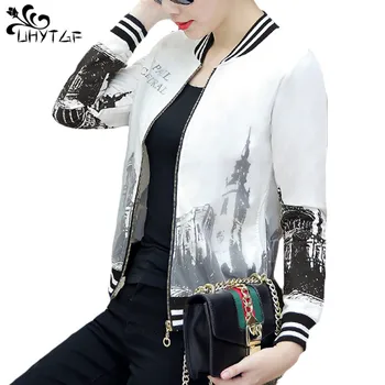 

UHYTGF Women's Wild Jackets Spring autumn windbreaker Korean Slim print Jackets Famale Baseball uniform Women Basic jackets X214