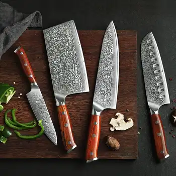 XINZUO 4PCS Kitchen Knife Set VG10 Damascus Steel Big Cleaver Chef Knives Stainless Steel Santoku Butcher Knife Rosewood Handle