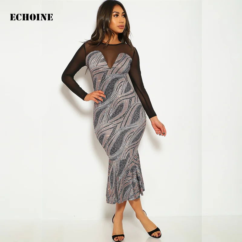 

Sheer Mesh Patchwork Midi Dress Slim Bodycon Mermaid Dress Elegant Evening Party Vestidos Female Sexy Maxi Lace Dresses
