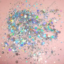 50 грамм/мешок x Смешанные Лазерные серебряные цвета(блестящий порошок+ шестигранник) форма для украшения ногтей и блестки для ногтей