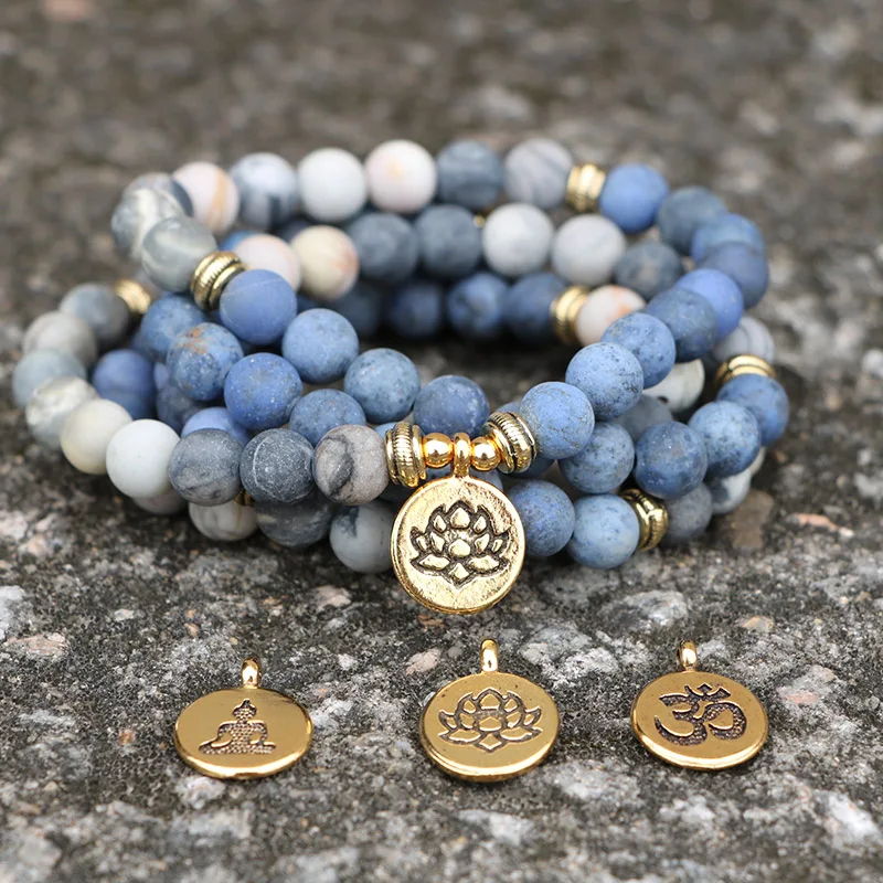 Online EDOTHALIA 108 cuentas Mala Lotus pulsera 8MM mate piedra azul y piedra Picasso mujeres hombres meditación pulseras de yoga Drop ship