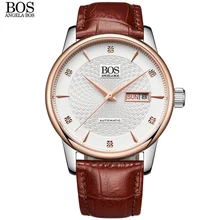 ANGELA BOS Self Wind Automatic Business Mechanical Watch Men Sapphire Wavy Pattern Genuine Leather Luxury Watches Wristwatch