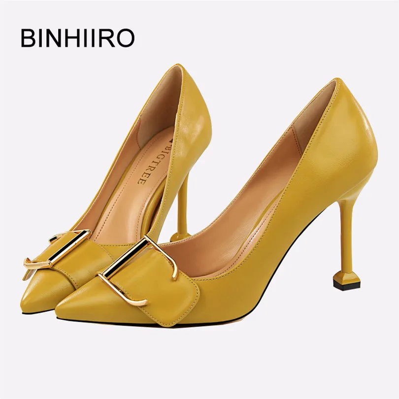 

BINHIIRO Summer Woman PU Pumps Pointed Toe Metal Decoration Thin High Heels Fashion Wedding Shoes For Women Red Party Shoes 2019