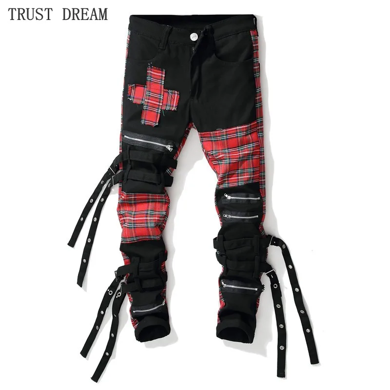 

TRUST DREAM Man Scotland Plaid Patchwork Cross Slim Straight Jeans Men Trendy Bandage Denim pants Fashion Black Punk knight