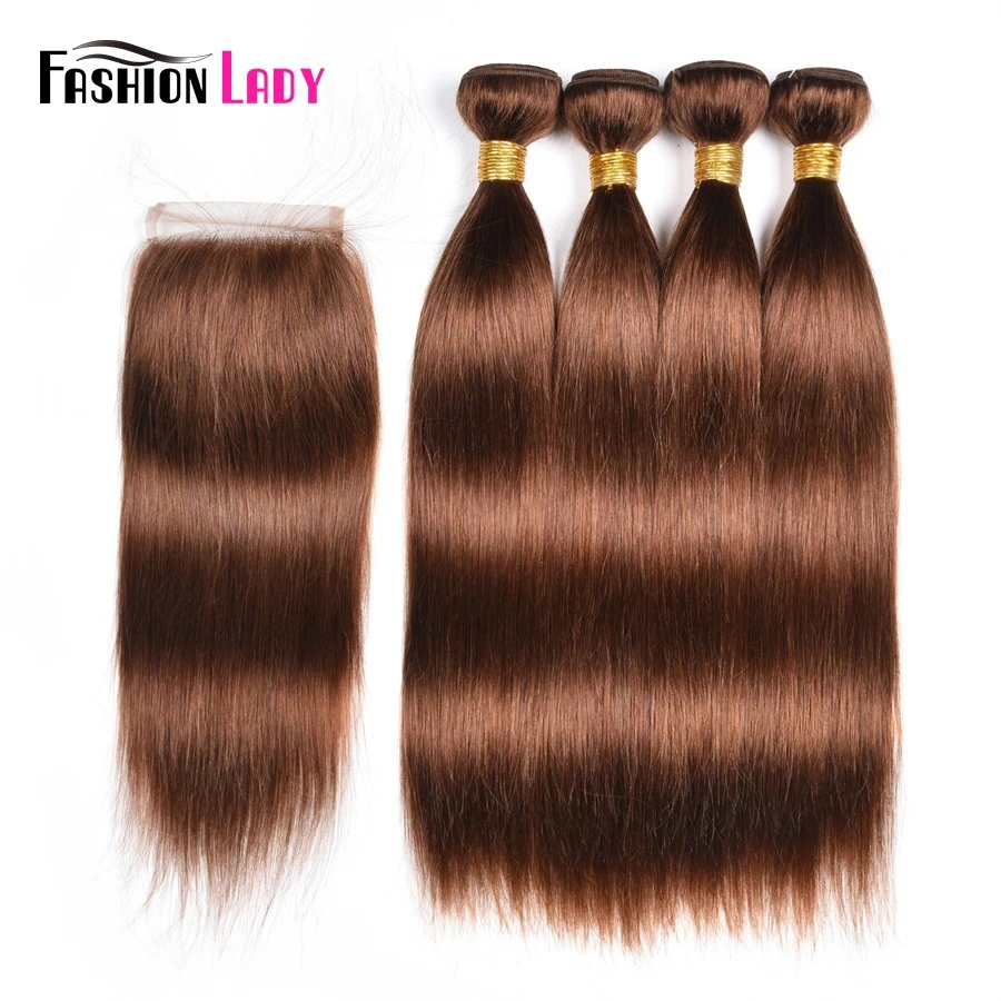 

Fashion Lady Pre-Colored Brazilian Human Hair Weave Bundles 4pcs With Lace Closure 4# Dark Brown Color Hair Extension Non-Remy