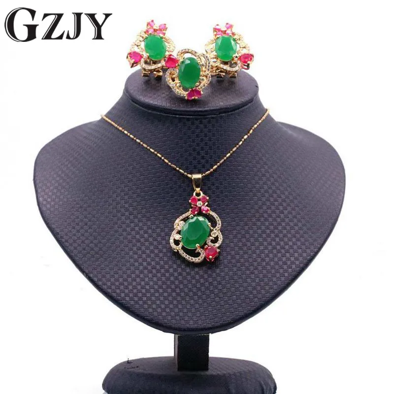 

GZJY Fashion Champagne Gold Color Green Cubic Zirconia Necklace Pendant Earring Jewelry Set For Women indian Jewelry