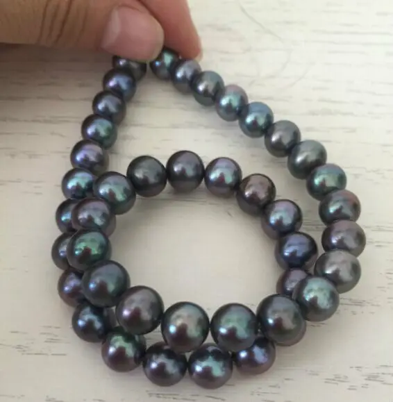 

AAA10-11mm round tahitian black green red multicolor pearl necklace 18"14KGP