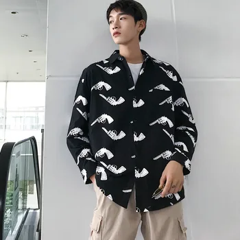 

2018 Korean Autumn Newest Men's Fashion Tide Cartoon Printing Loose Casual Blue/Red/White/Black Color Long Sleeve Shirts M-5XL