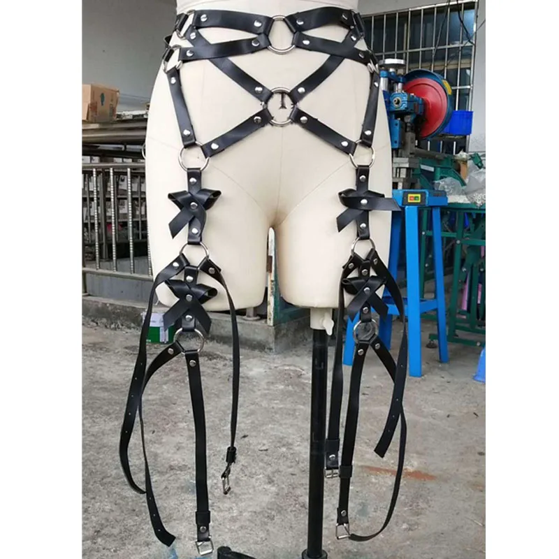 

Sexy Women Men leather Waist Garter belt for Stockings Bow Handmade Punk Costume Outfit O-Round Waist Belt with 4 suspenders