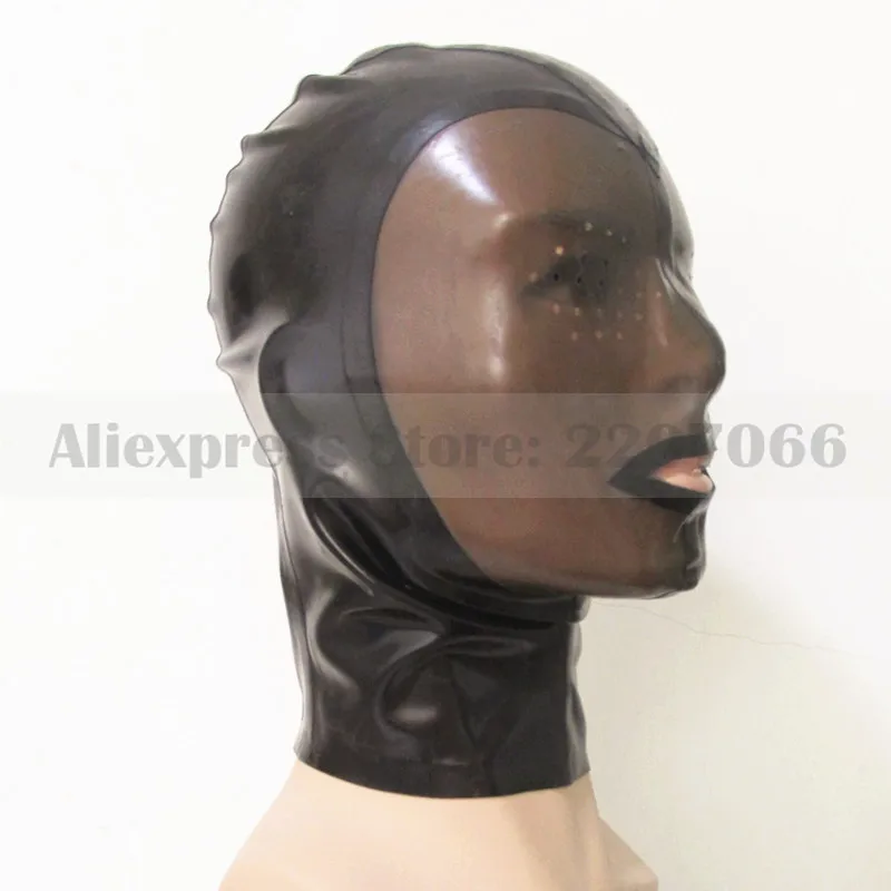 

Black and face transparent black latex rubber mask hood with eyes holes and mouth opened back zip RLM005
