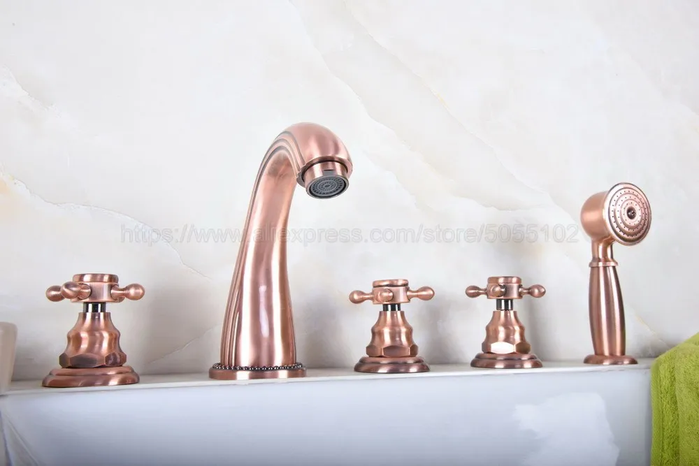 Deck Mount Antique Red Copper Bathroom Bathtub Faucet 5 Holes Three Handle Control with Hand Shower Tub Mixer Tap ztf182