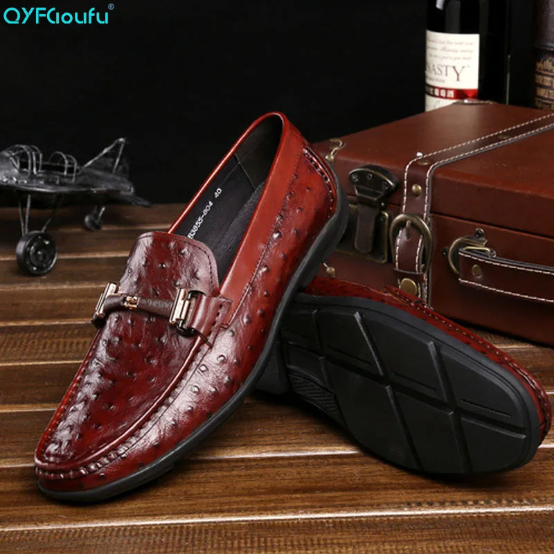 

QYFCIOUFU Men Casual Shoe Ostrich Pattern Men Shoes Genuine Leather Men Loafers Moccasins Slip On Men's Flats Male Driving Shoes