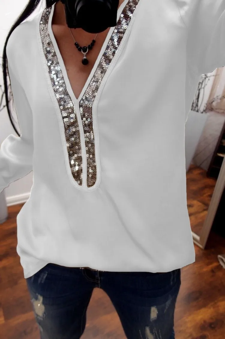 Осенняя женская футболка, Сексуальная рубашка с v-образным вырезом и длинным рукавом, расшитая блестками, Готическая Повседневная Свободная шифоновая футболка с длинным рукавом размера плюс, Топ 5XL - Цвет: Белый