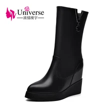 Universe wedge heel mid calf boots platform women warm plush genuine leather black heels ladies winter
