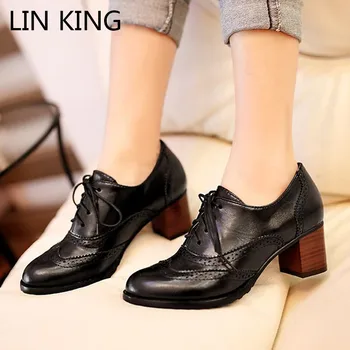 

LIN KING New Big Size Pointed Toe Women Pumps Square Heel Brogue Short Shoes Lace Up High Heel Shoes Ladies Office Oxdords Shoes