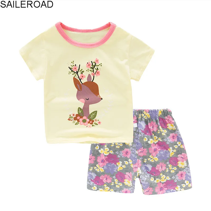 

SAILEROAD Hot Sale Girls Clothing Sleepwear Pajamas Sets Cartoon Sika Deer pajamas Children's Short sleeve cotton Homewear suits