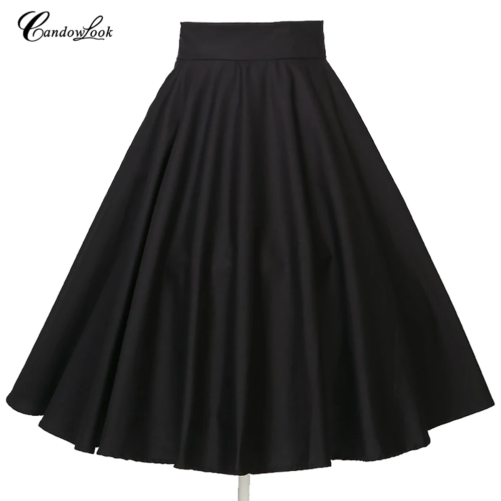 

Candowlook wholesale high waist full circle big pendulum ladies skirts black rockabilly pin up plus size A-Line pleated skirt
