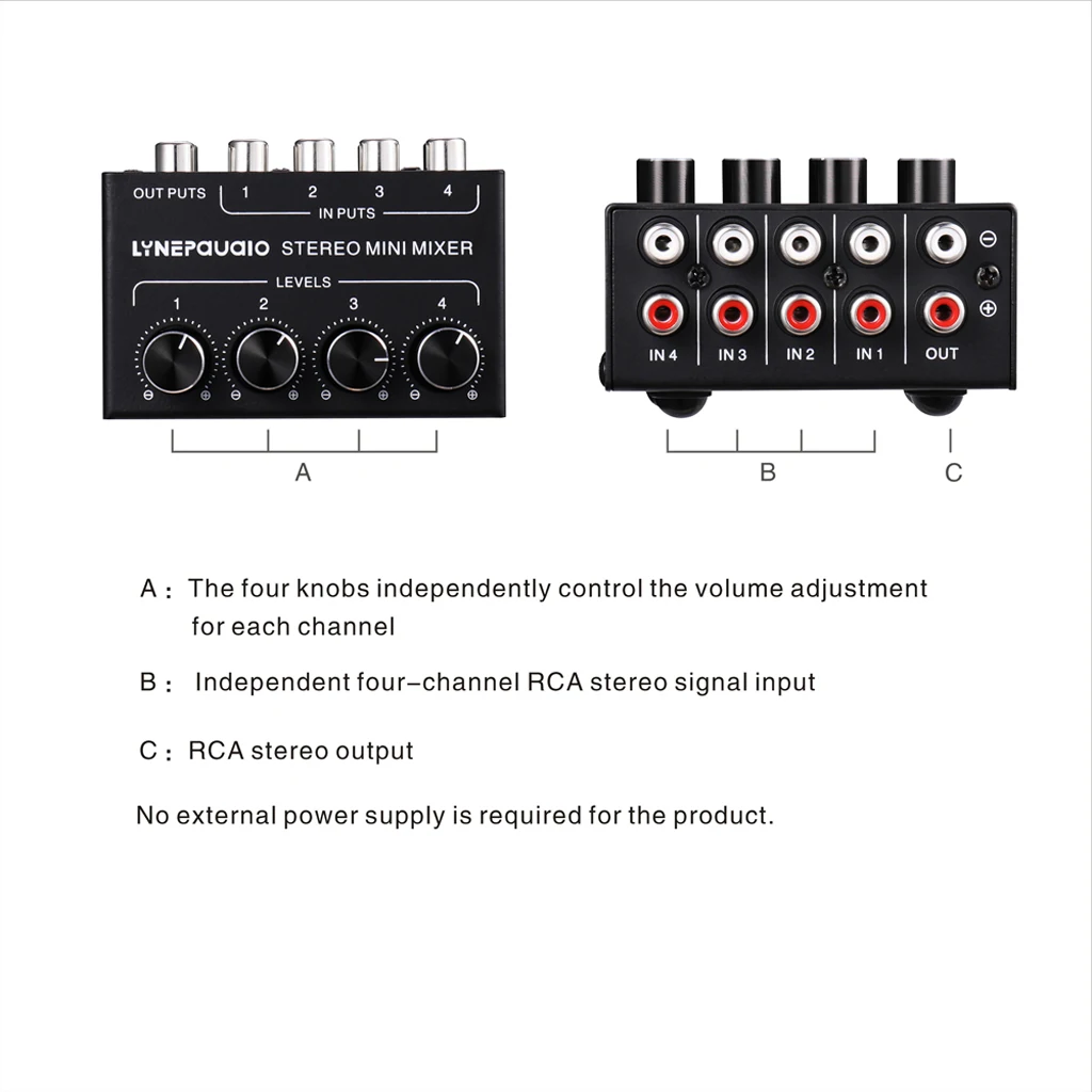 Mini Stereo RCA 4-channel Passive Mixer Lossless Audio for CD Player Tape Player PC 