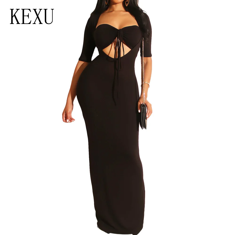 KEXU Women Autumn O Neck Half Sleeve Maxi Dress Fashion Black White Party Hollow Out Bodycon Bandage Casual Floor-length Dresss