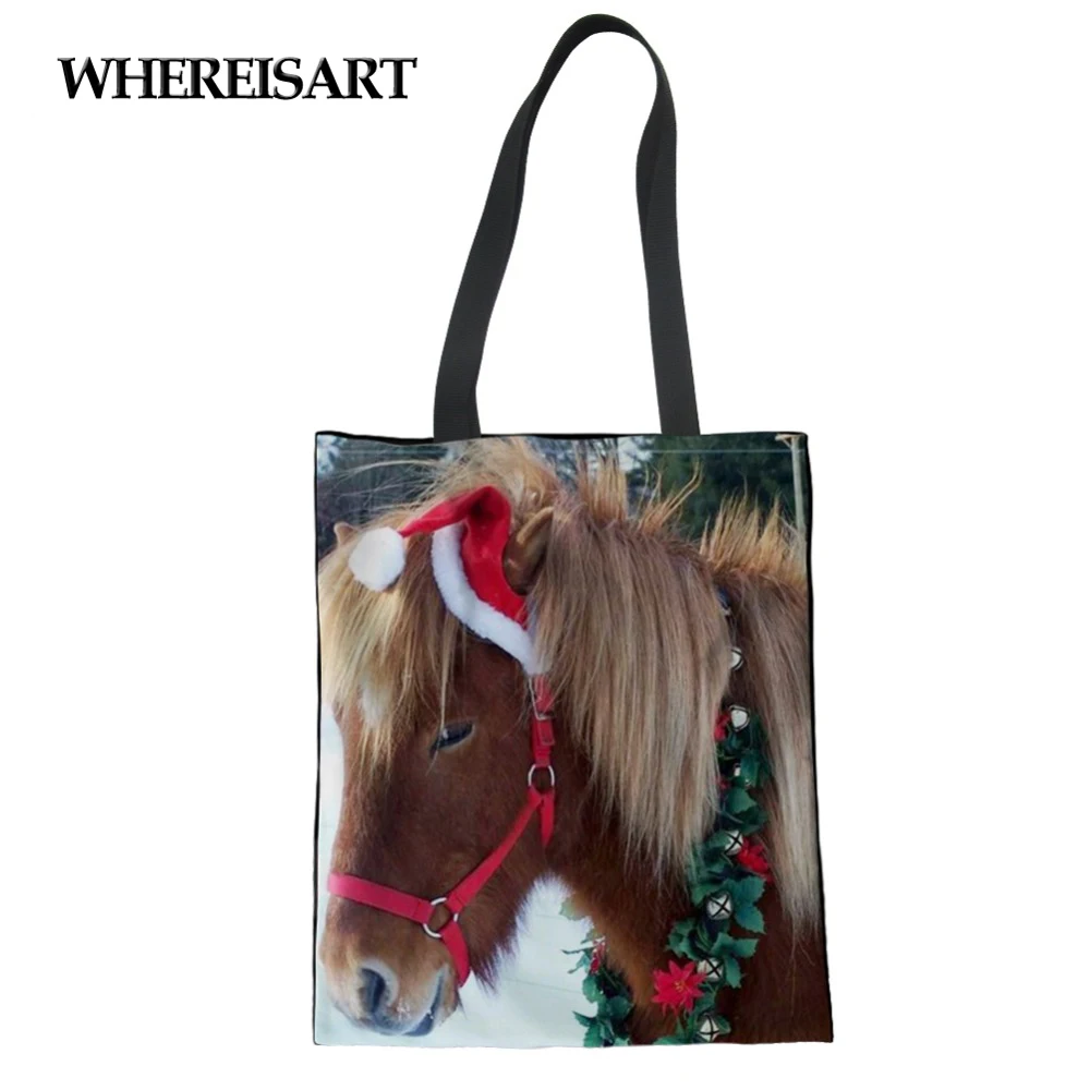 

WHEREISART Christmas Horse Women Handbags Canvas Shopping Bag Supermarket Bags Large Capacity Reusable Tote eco Crossbody Bag