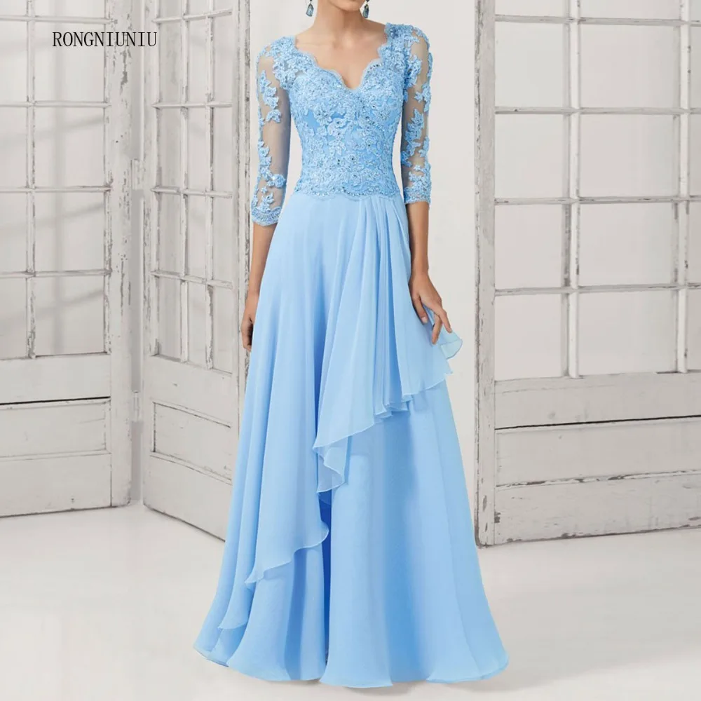 

Lace Long Design Formal Pearl Elegant V-Neck Plus Size Party Evening Gown Chiffon Prom Black Blue Mother Of The Bride Dresses