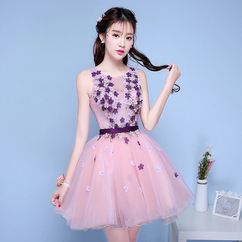 

New pink short sweet lace summerlady girl women princess bridesmaid prom banquet party prom ball dress gown