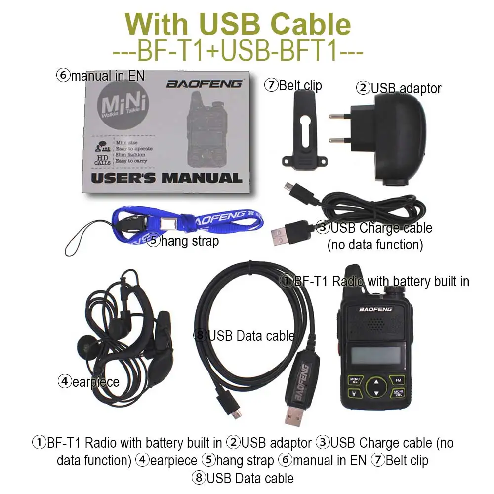 Baofeng BF-T1 Мини Ручной двухстороннее радио UHF 400-470 МГц 20CH переносная fm-рация с наушником или + USB кабель