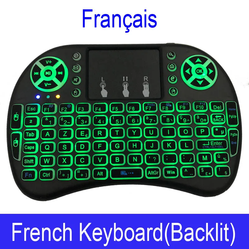 I8 подсветка 7 цветов Английский Арабский 2,4 ГГц Беспроводная клавиатура Air mouse тачпад ручной 3 цвета подсветка i8 для Android tv BOX - Цвет: French Backlit