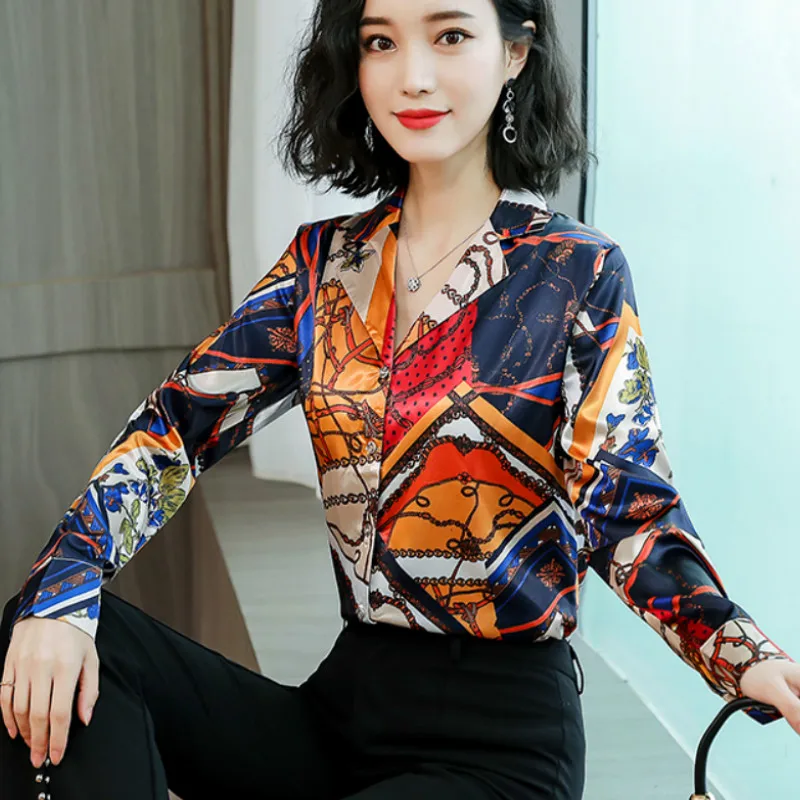 

20119 plus size long sleeve v neck print satin shirts lady office work print satin blouses plus size long sleeve print satin top
