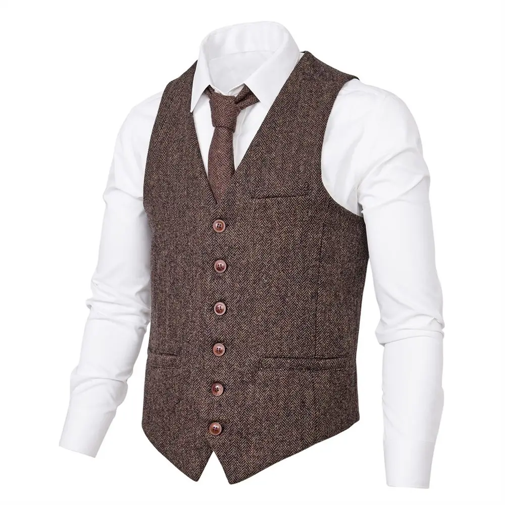 

VOBOOM Herringbone Waistcoat Men Woolen Tweed Windowpane Suit Vest Male Classic Fit Vests Wedding Business Casual 008