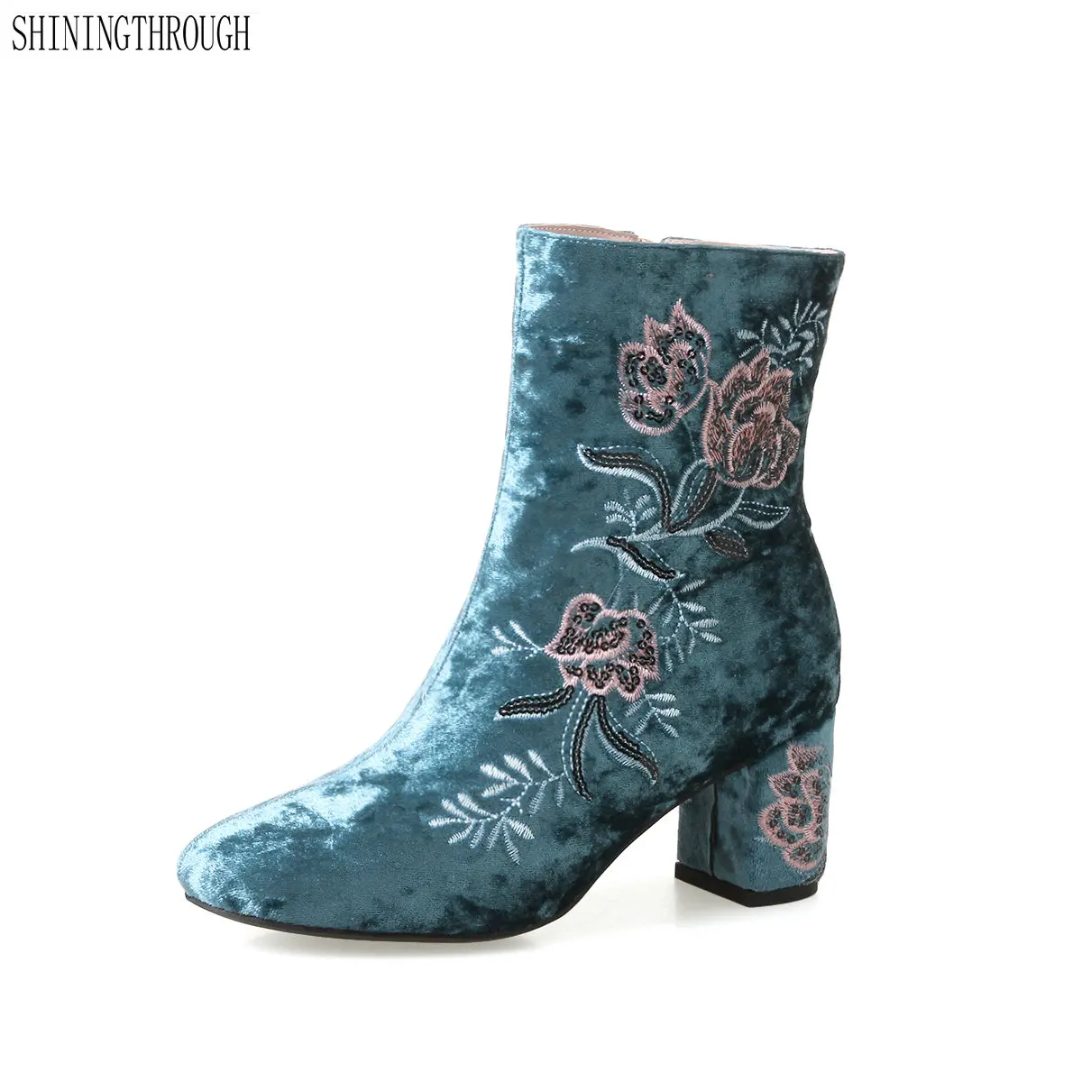 

New women embroider ankle boots 6cm high heels ladies dress shoes rouned toe flower autumn winter boots woman large szie 43