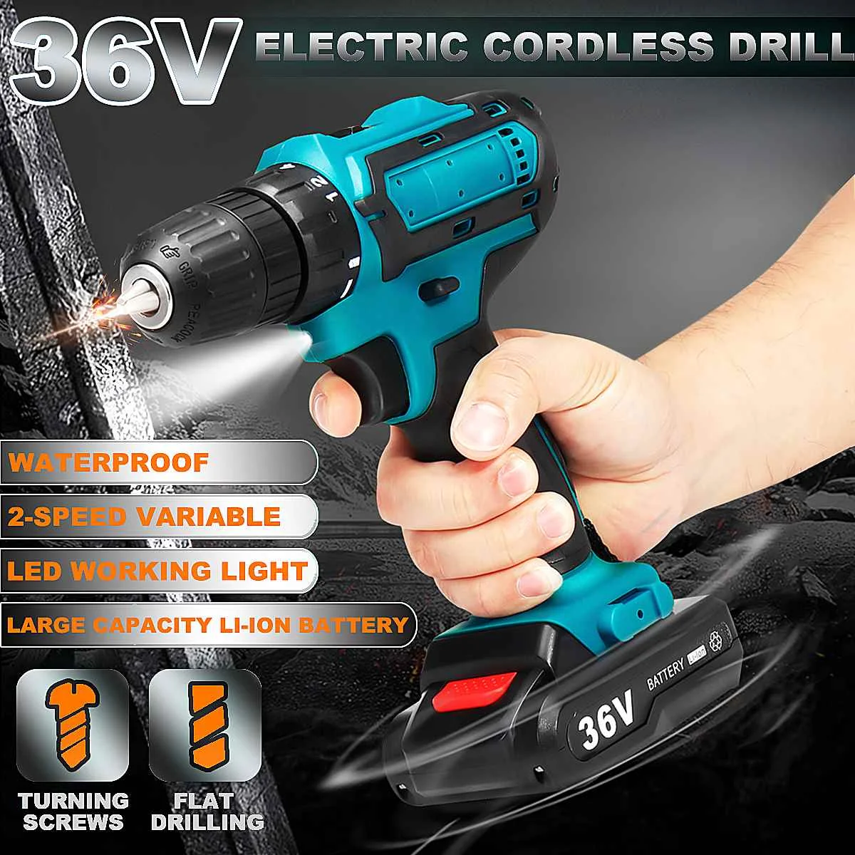 

36V Power Dirlls Cordless Electric Drill 2 Speed Adjustment LED Lighting Screw Driver Tool With 1/2 Battery Power Tools