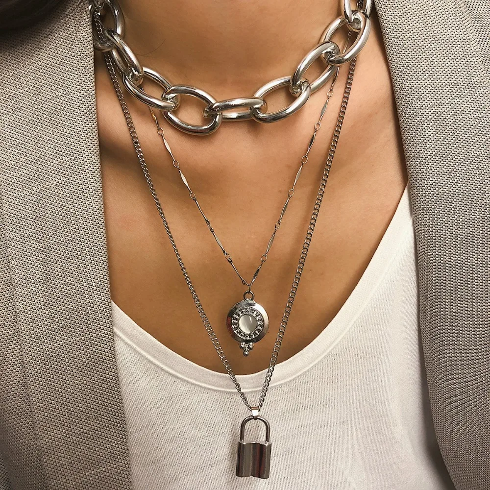 

Punk exaggerated metal chain woman necklace simple rock lock statement necklace multi layer long necklace Gothic collar jewelry