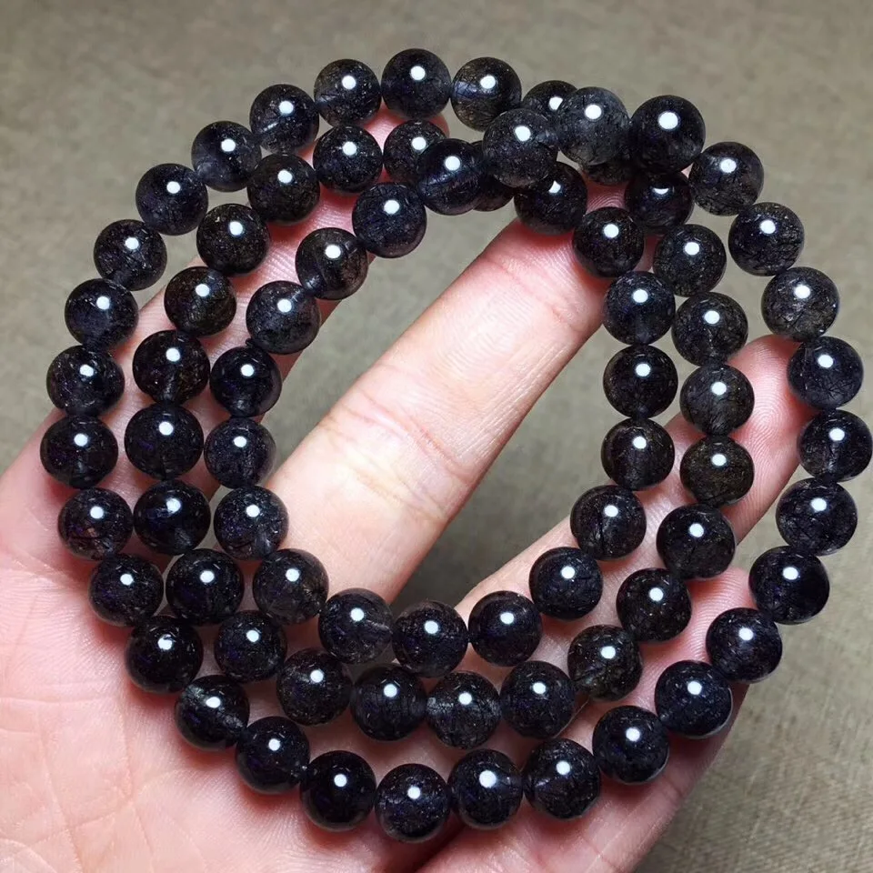 

7.6mm Natural Black Rutilated Quartz 3 laps Bracelet From Brazil Round Beads Gems For Women Men Gift Crsytal Bracelets AAAAA