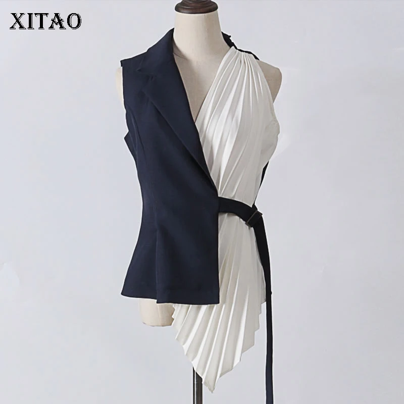 

[XITAO] 2019 Europe Summer New Fashion Women Bandage Pleated Irregular Coats Female V-Neck Solid Color Loose Vests LJT1811