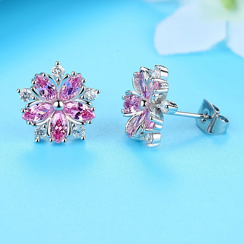 Fashion Flower Shape Zircon Pink Wedding Earrings for Women with Silver Color Crystal Korean Indian Stud Earrings Brincos