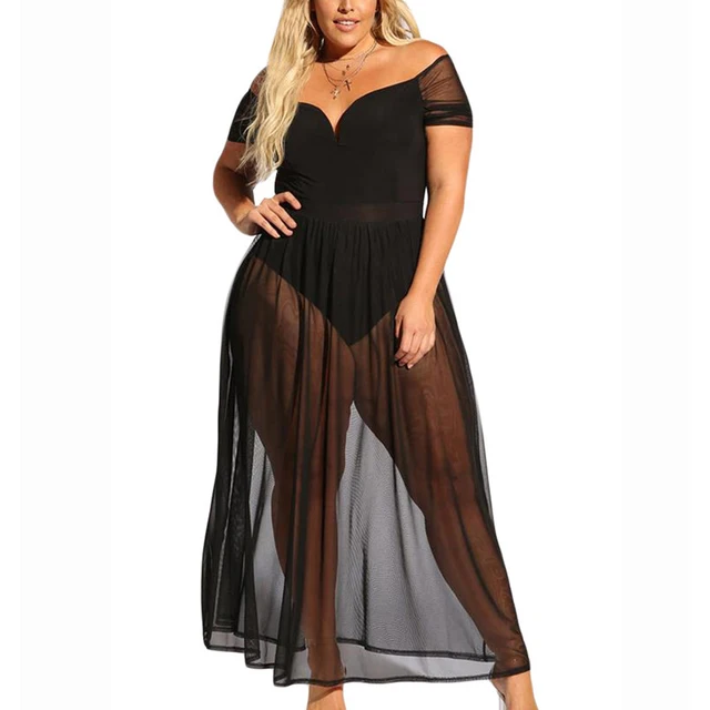 Best Offers Plus Size Woman Mesh Dress Night Club Maxi Dresses Big Size Off Shoulder See Through Bodysuit-dress Retro Beach Party Vestidos
