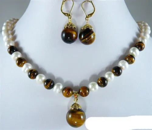 

hot sell new - Real White Pearl Tigereye Opal 18KGP Clasp Pendant Necklace Earrings NEW