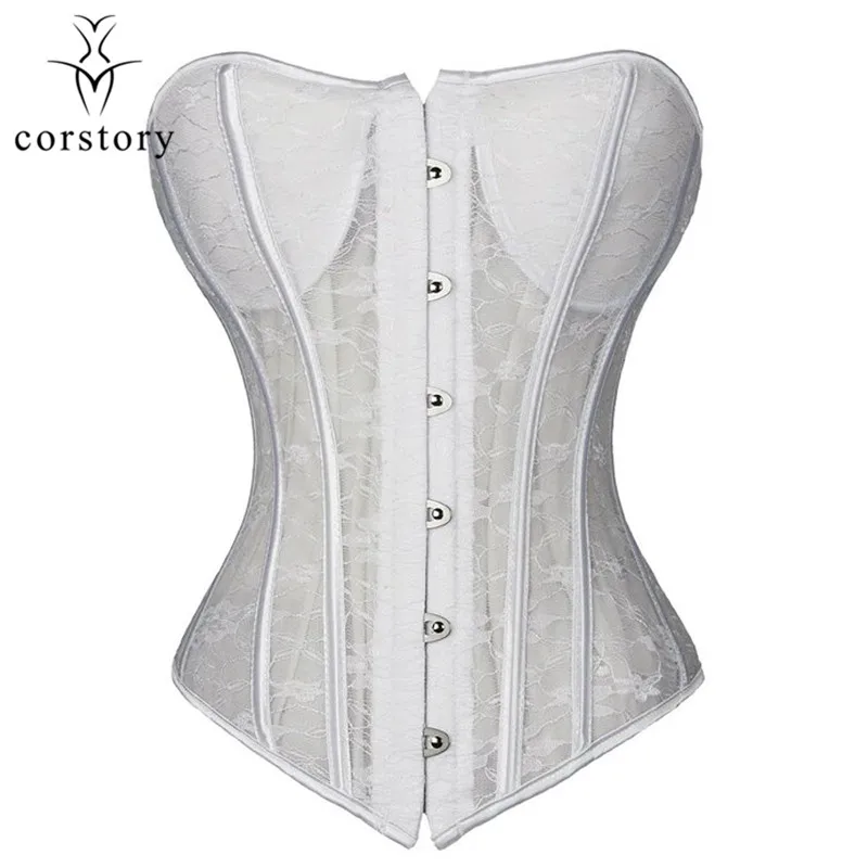 Corstory Sexy White Lace Wedding Overbust Corsets And Bustiers Sexy 
