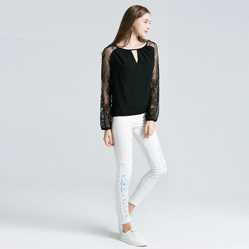 

Summer 2019 Hollow Long-sleeved T Shirt Lace Hook Flower O-Neck Pullover Women's T-shirt Fashion Casual Elegant Shirt T Shirts