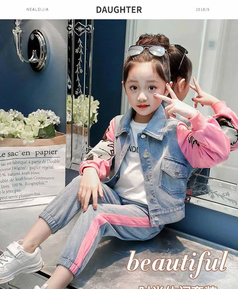 Autumn Girls Set Cartoon Pattern Jacket+Jeans Fashion Clothing For Girls Teenage Spring Clothes For Kids 4 6 8 12 13 Years