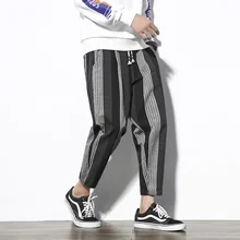 Men Pants Striped Trousers Ankle Length Pants Loose Mid Waist For Man Chinese style Clothes Cuff folded Large Size M-5XL