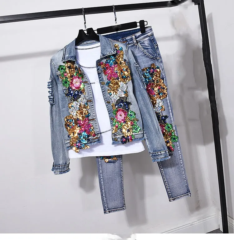 

2019 Women Denim Embroidery Two Piece Sets Turn-Down Collar Ripped Hole Bomber Jean Jacket Outfits Sequin Matching Sets