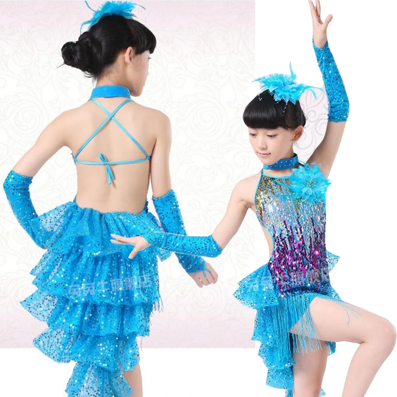 Девушки блестками кисточкой Латинской сальсы платье для танцев Дети бахромой костюмы Бальные современном этапе Salsa наряды с Головные уборы