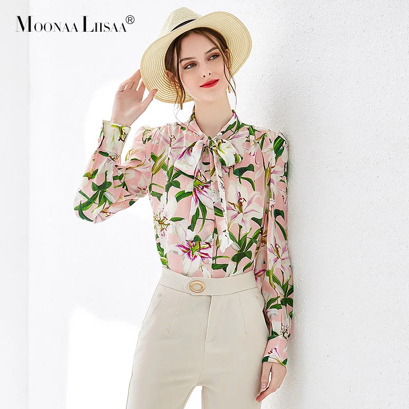 

moonaaliisaa New 2019 Spring Fashion Tops Women's Long Sleeve Bow Tie Floral Printed Elegant Ladies Vacation SILK shirt