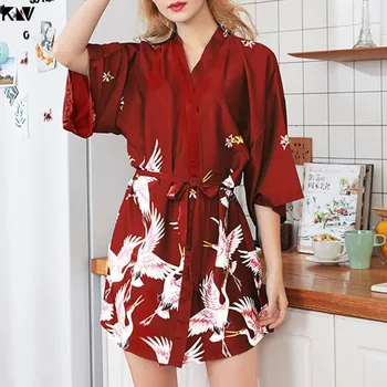 

KLV Imitation Silk Kimono Short Bath Robe Bride Bridesmaid Red-Crowned Crane Printing Nightgown Belted Wedding Party Sleepwear